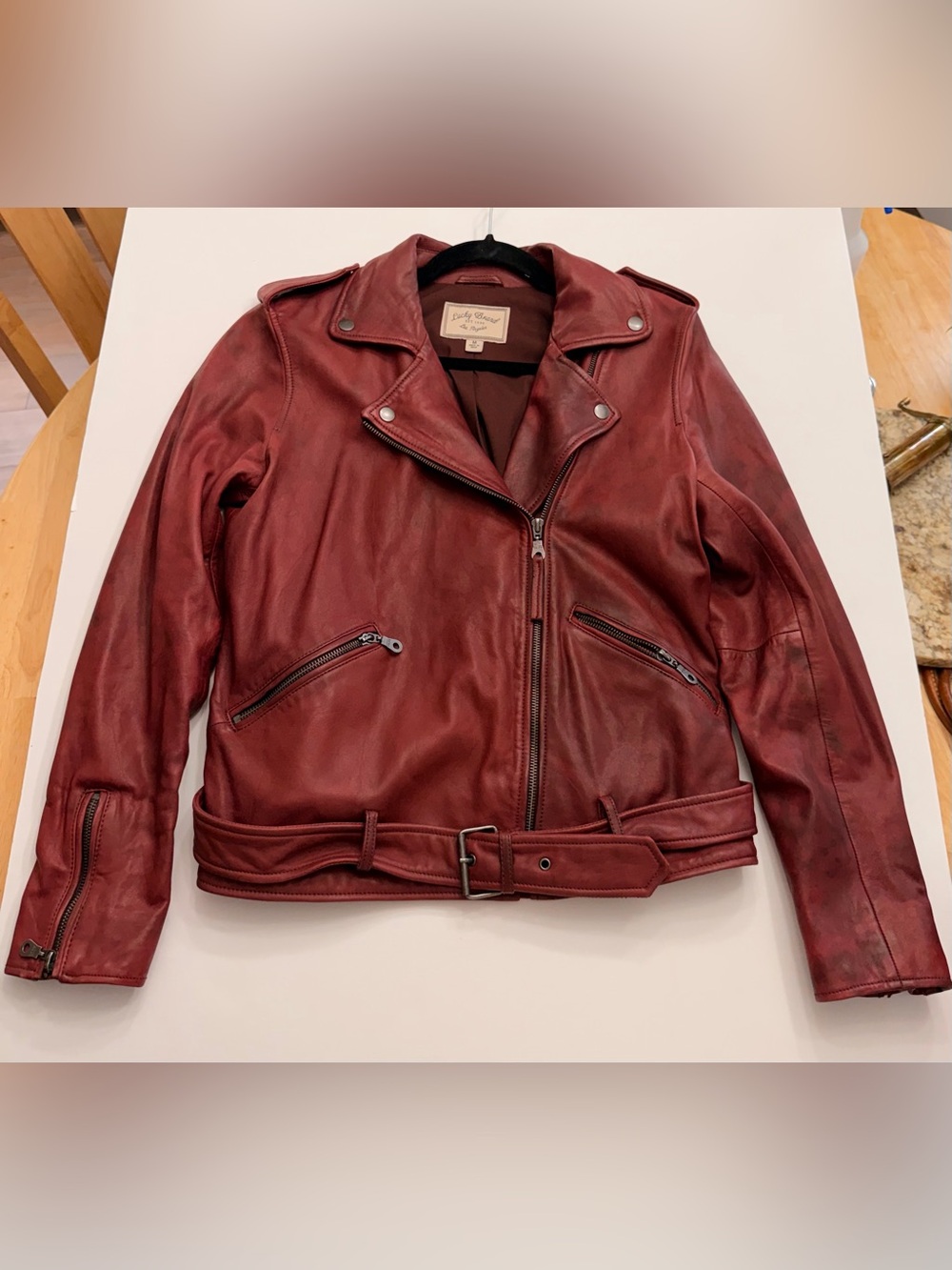 Lucky Brand Genuine 100% Lambskin Leather Belted Moto Biker Jacket Burgundy M